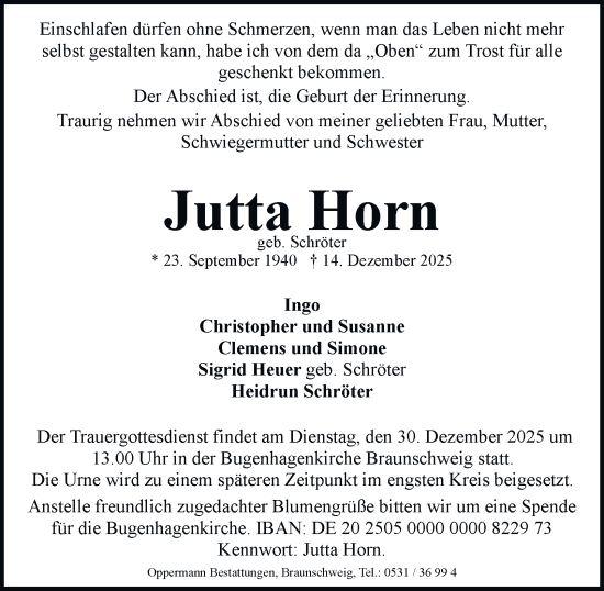 Traueranzeige von Jutta Horn von Braunschweiger Zeitung