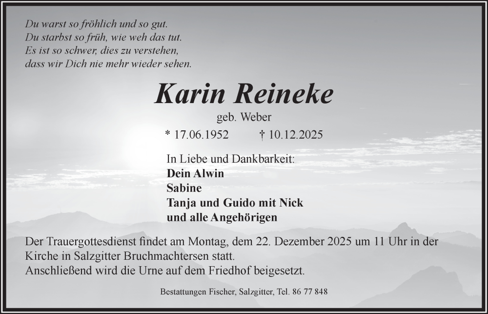  Traueranzeige für Karin Reineke vom 17.12.2025 aus Salzgitter-Zeitung