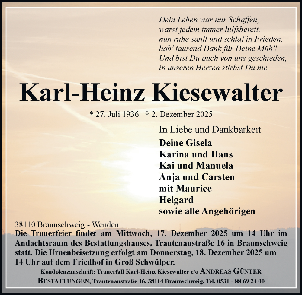  Traueranzeige für Karl-Heinz Kiesewalter vom 06.12.2025 aus Braunschweiger Zeitung