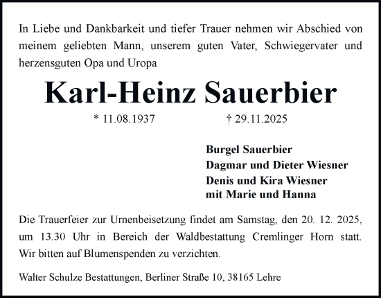 Traueranzeige von Karl-Heinz Sauerbier von Helmstedter Nachrichten