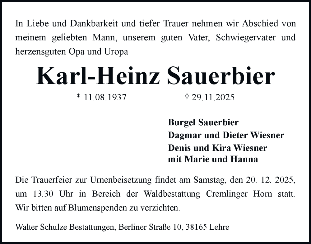  Traueranzeige für Karl-Heinz Sauerbier vom 06.12.2025 aus Helmstedter Nachrichten