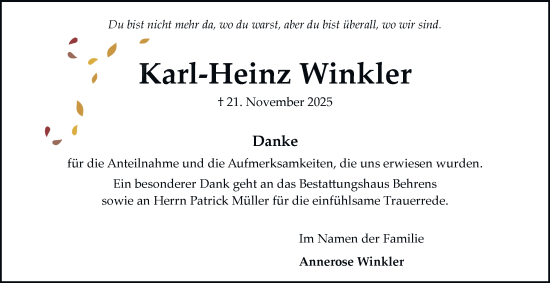 Traueranzeige von Karl-Heinz Winkler von Braunschweiger Zeitung, Wolfsburger Nachrichten