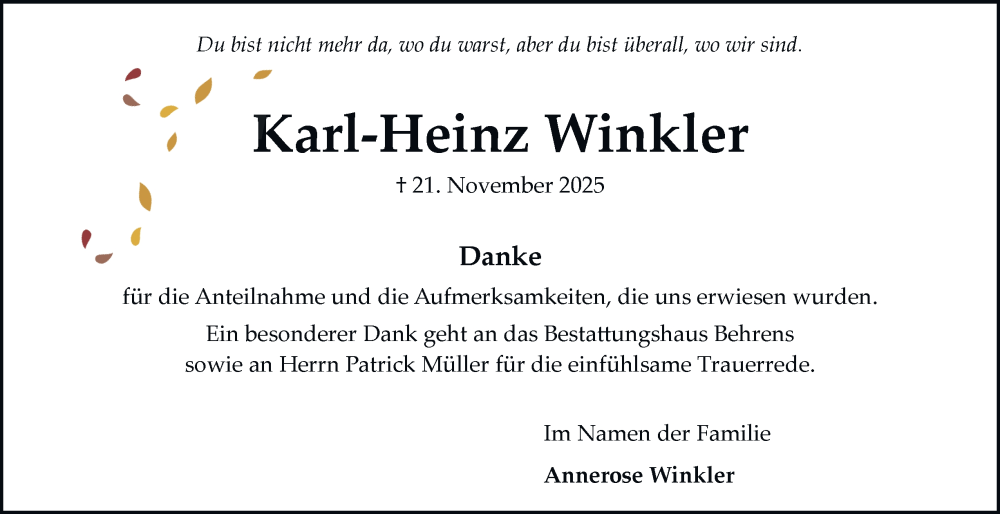  Traueranzeige für Karl-Heinz Winkler vom 20.12.2025 aus Braunschweiger Zeitung, Wolfsburger Nachrichten