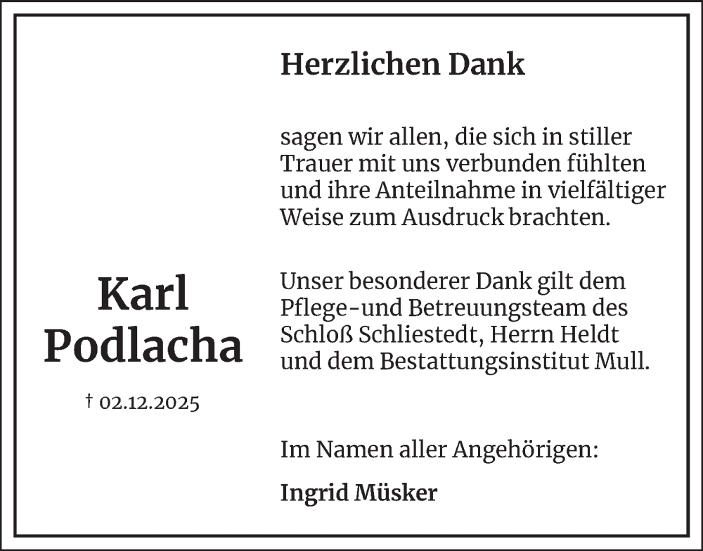  Traueranzeige für Karl Podlacha vom 27.12.2025 aus Wolfenbütteler Zeitung
