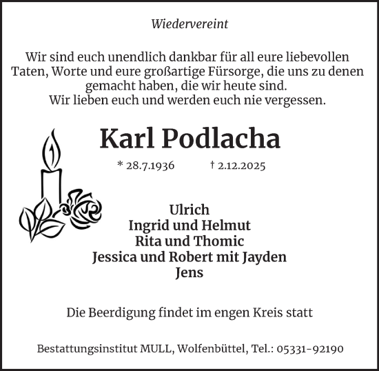 Traueranzeige von Karl Podlacha von Wolfenbütteler Zeitung
