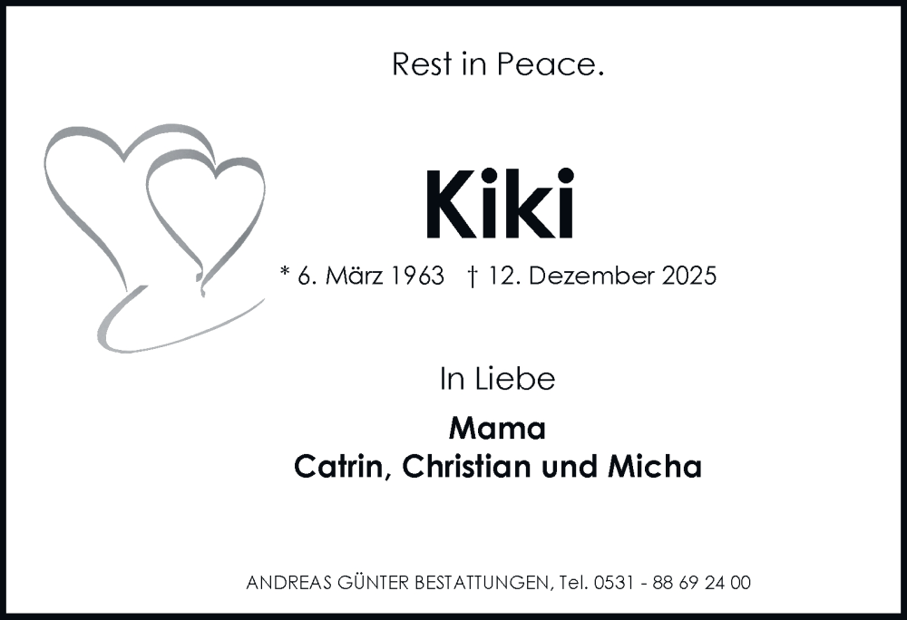  Traueranzeige für Kiki  vom 20.12.2025 aus Braunschweiger Zeitung