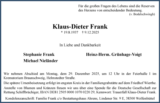 Traueranzeige von Klaus-Dieter Frank von Braunschweiger Zeitung