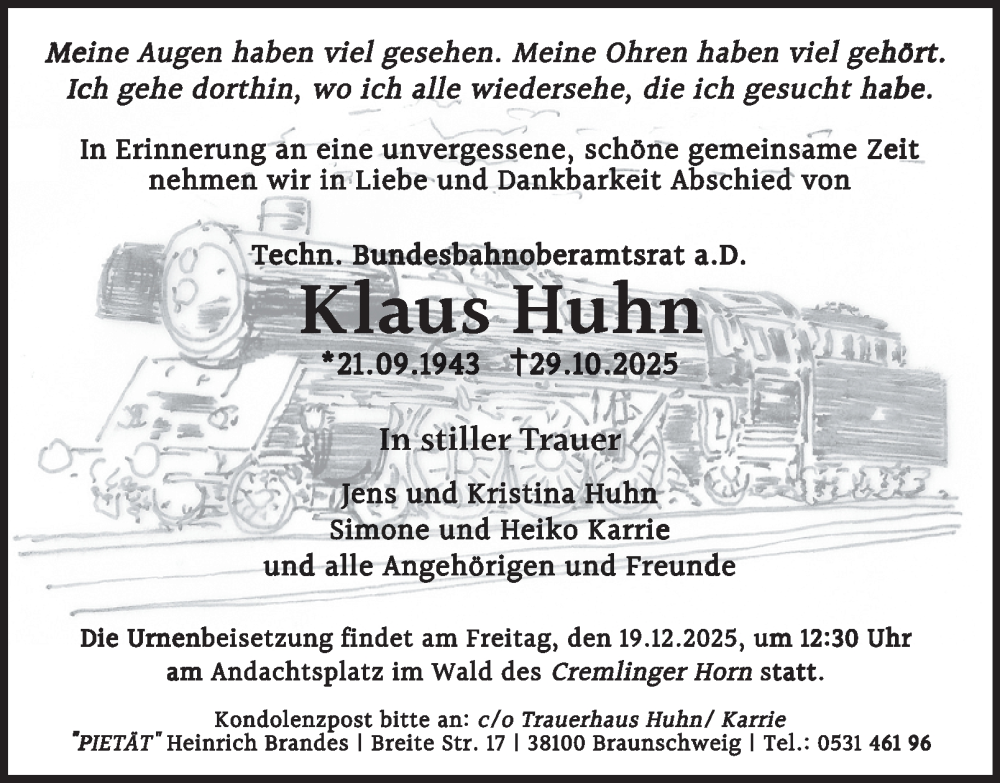  Traueranzeige für Klaus Huhn vom 06.12.2025 aus Braunschweiger Zeitung