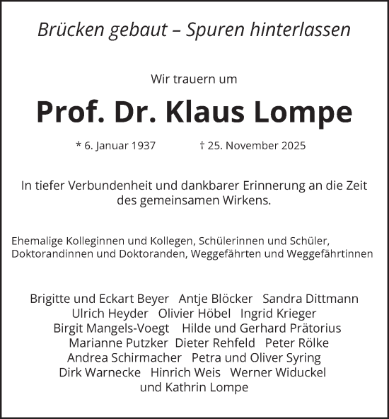 Traueranzeige von Klaus Lompe von Braunschweiger Zeitung