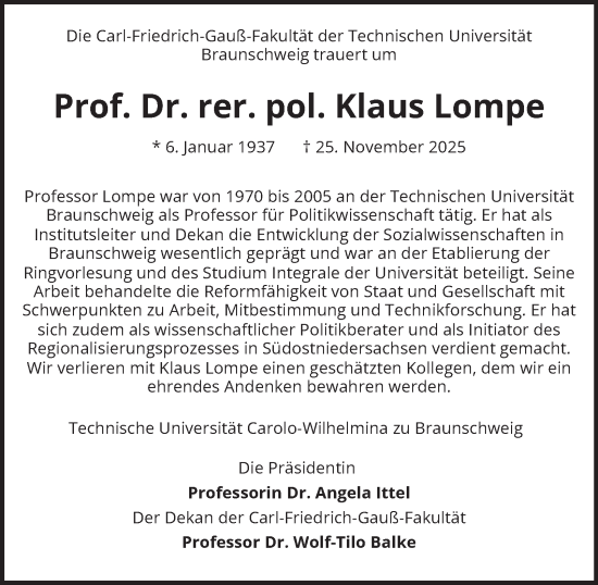Traueranzeige von Klaus Lompe von Braunschweiger Zeitung