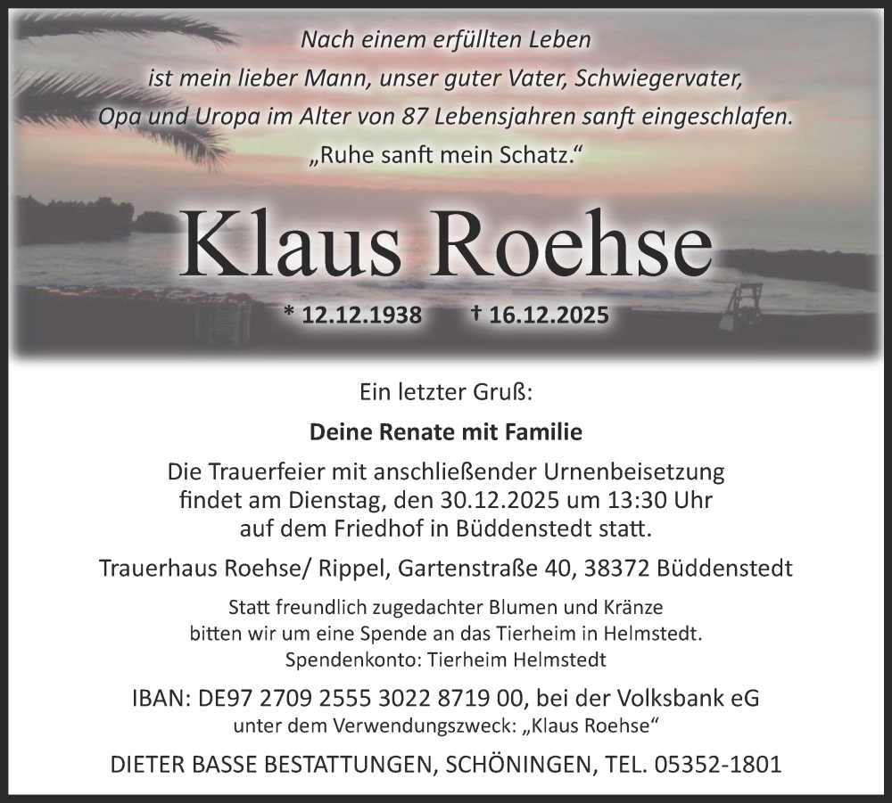  Traueranzeige für Klaus Roehse vom 27.12.2025 aus Helmstedter Nachrichten