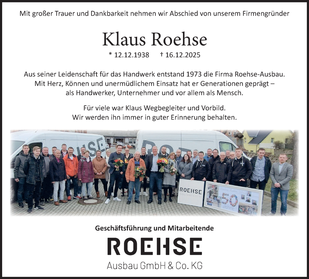  Traueranzeige für Klaus Roehse vom 27.12.2025 aus Helmstedter Nachrichten