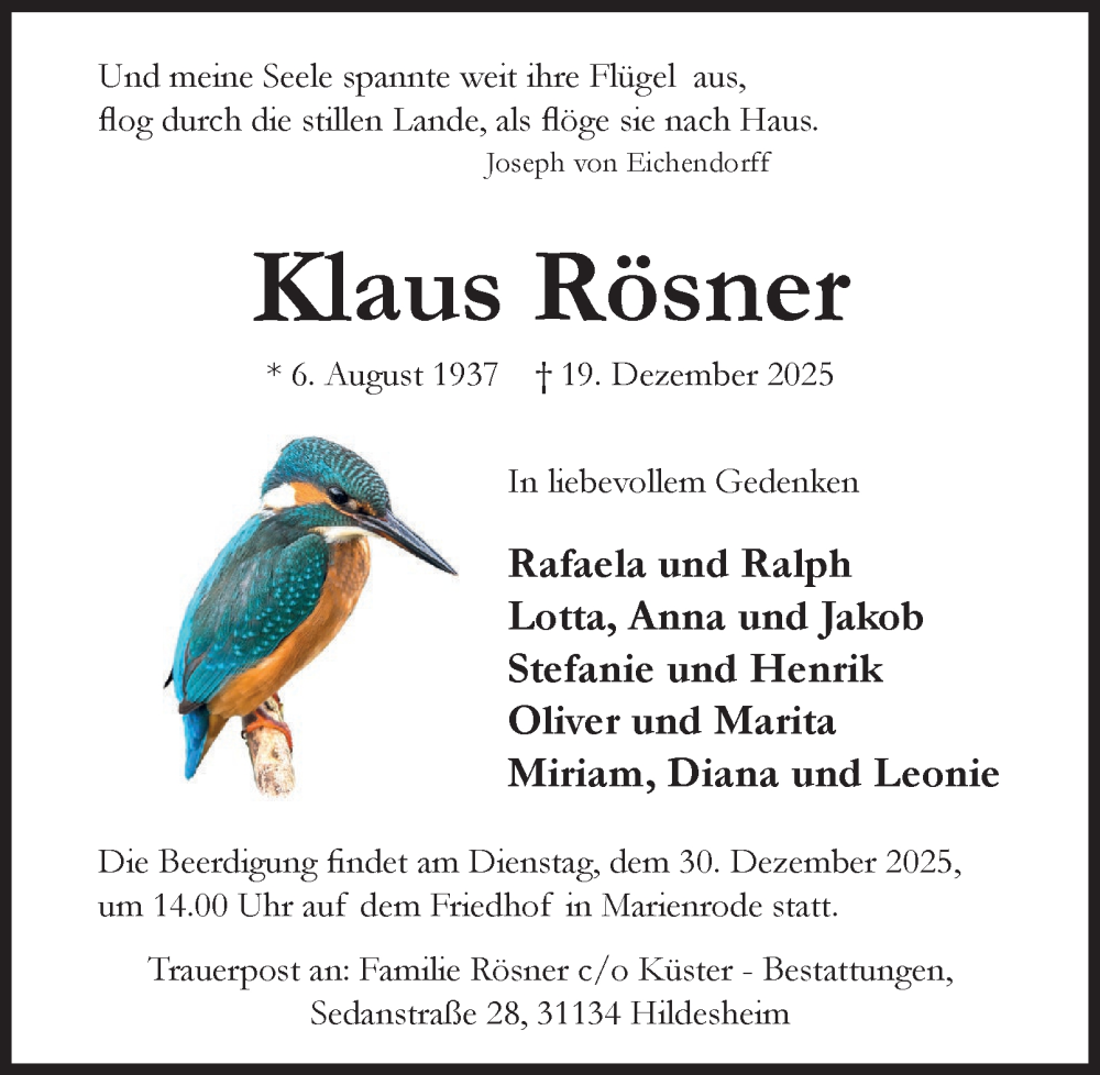  Traueranzeige für Klaus Rösner vom 24.12.2025 aus Salzgitter-Zeitung
