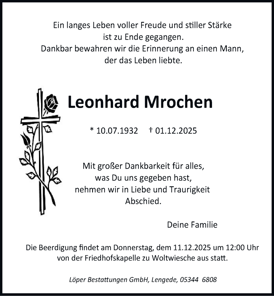  Traueranzeige für Leonhard Mrochen vom 06.12.2025 aus Peiner Nachrichten