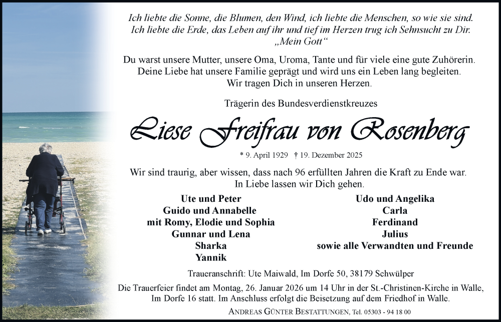  Traueranzeige für Liese Freifrau von Rosenberg vom 27.12.2025 aus Braunschweiger Zeitung