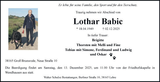 Traueranzeige von Lothar Babic von Helmstedter Nachrichten