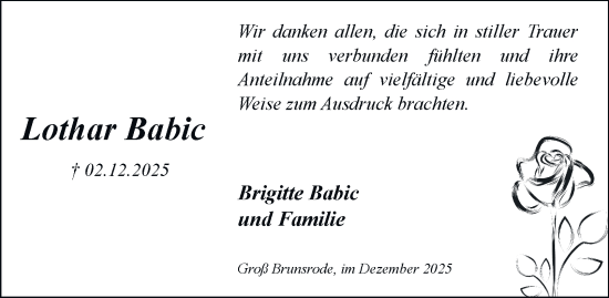 Traueranzeige von Lothar Babic von Helmstedter Nachrichten