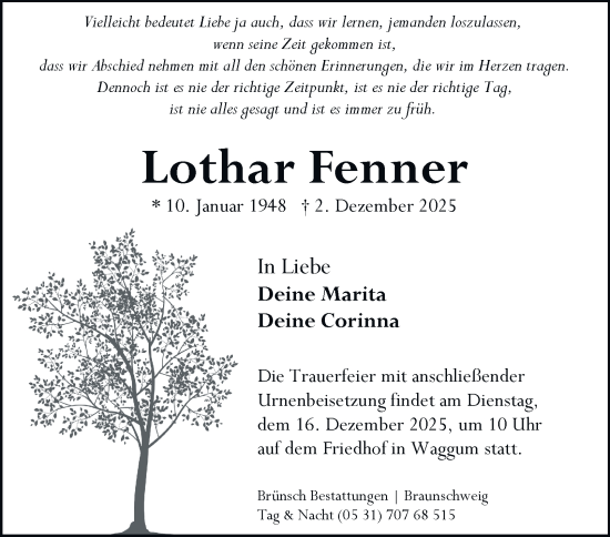 Traueranzeige von Lothar Fenner von Braunschweiger Zeitung