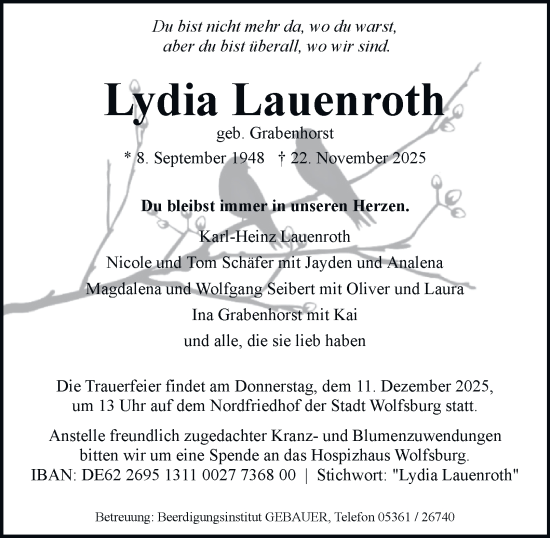 Traueranzeige von Lydia Lauenroth von Braunschweiger Zeitung, Wolfsburger Nachrichten