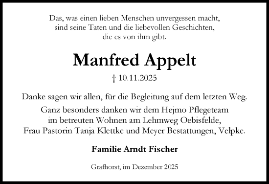 Traueranzeige von Manfred Appelt von Helmstedter Nachrichten