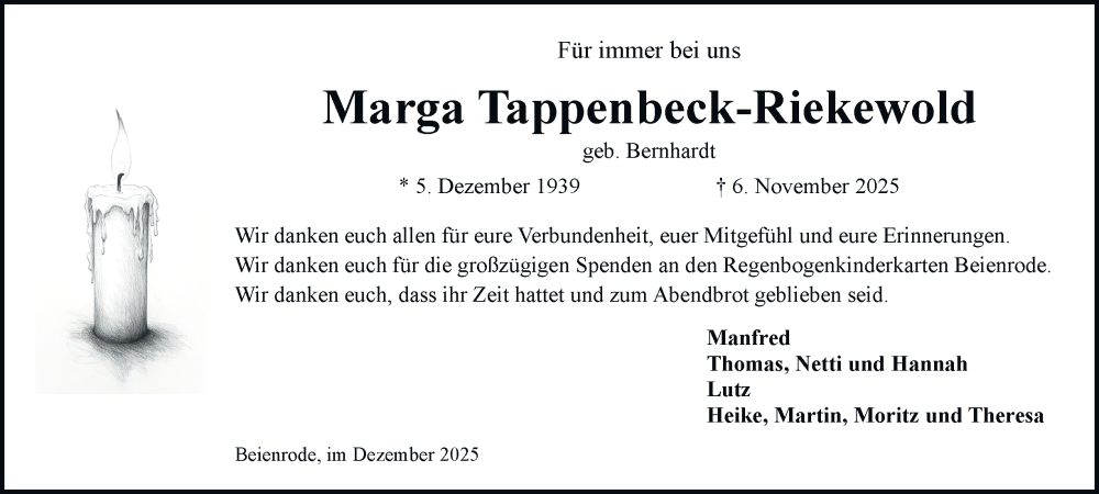  Traueranzeige für Marga Tappenbeck-Riekewold vom 13.12.2025 aus Braunschweiger Zeitung, Wolfsburger Nachrichten