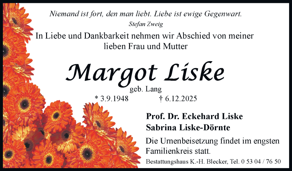  Traueranzeige für Margot Liske vom 13.12.2025 aus Braunschweiger Zeitung