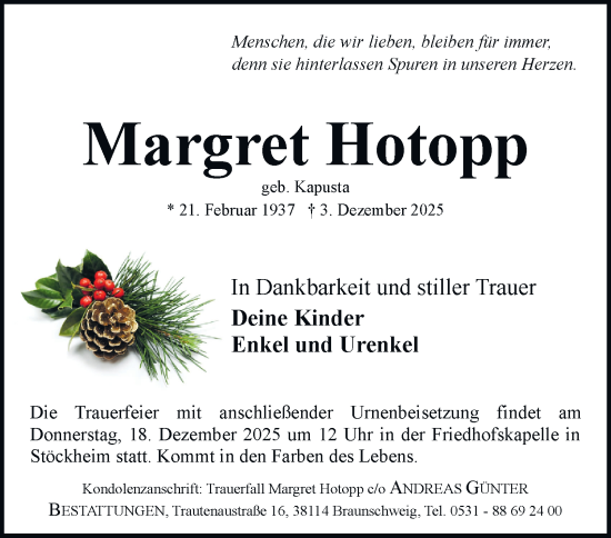 Traueranzeige von Margret Hotopp von Braunschweiger Zeitung