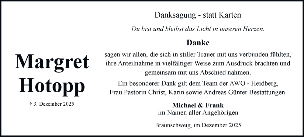  Traueranzeige für Margret Hotopp vom 20.12.2025 aus Braunschweiger Zeitung