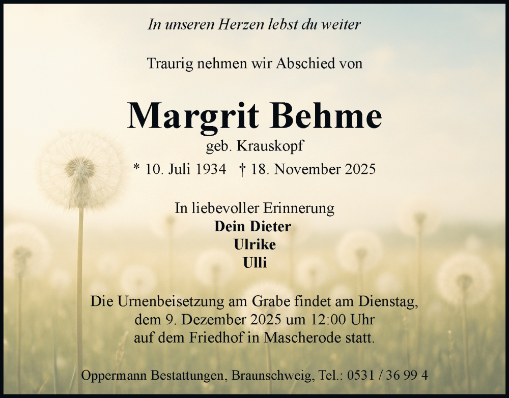  Traueranzeige für Margrit Behme vom 06.12.2025 aus Braunschweiger Zeitung