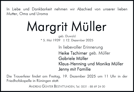 Traueranzeige von Margrit Müller von Braunschweiger Zeitung