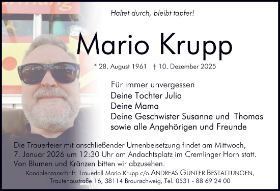 Traueranzeige von Mario Krupp von Braunschweiger Zeitung