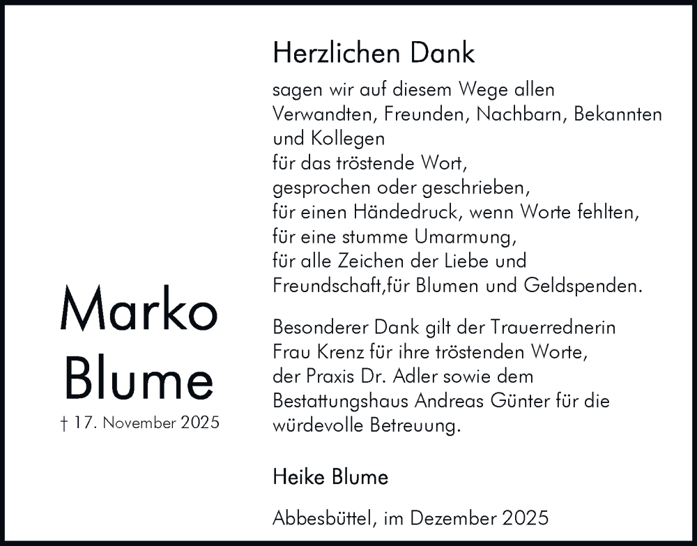 Traueranzeige für Marko Blume vom 13.12.2025 aus Braunschweiger Zeitung