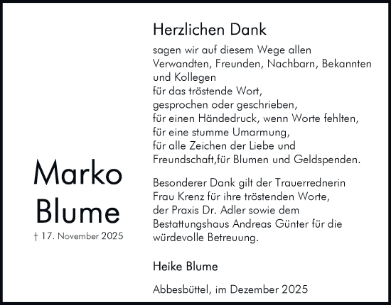 Traueranzeige von Marko Blume von Braunschweiger Zeitung