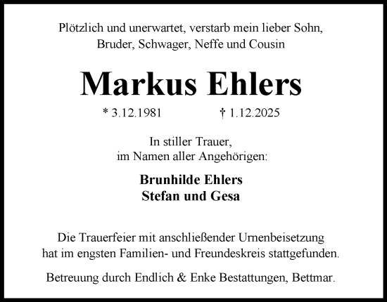 Traueranzeige von Markus Ehlers 