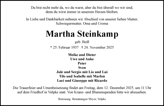 Traueranzeige von Martha Steinkamp von Helmstedter Nachrichten