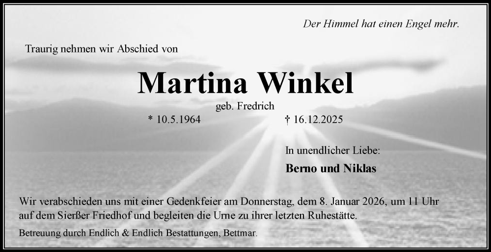  Traueranzeige für Martina Winkel vom 27.12.2025 aus Peiner Nachrichten