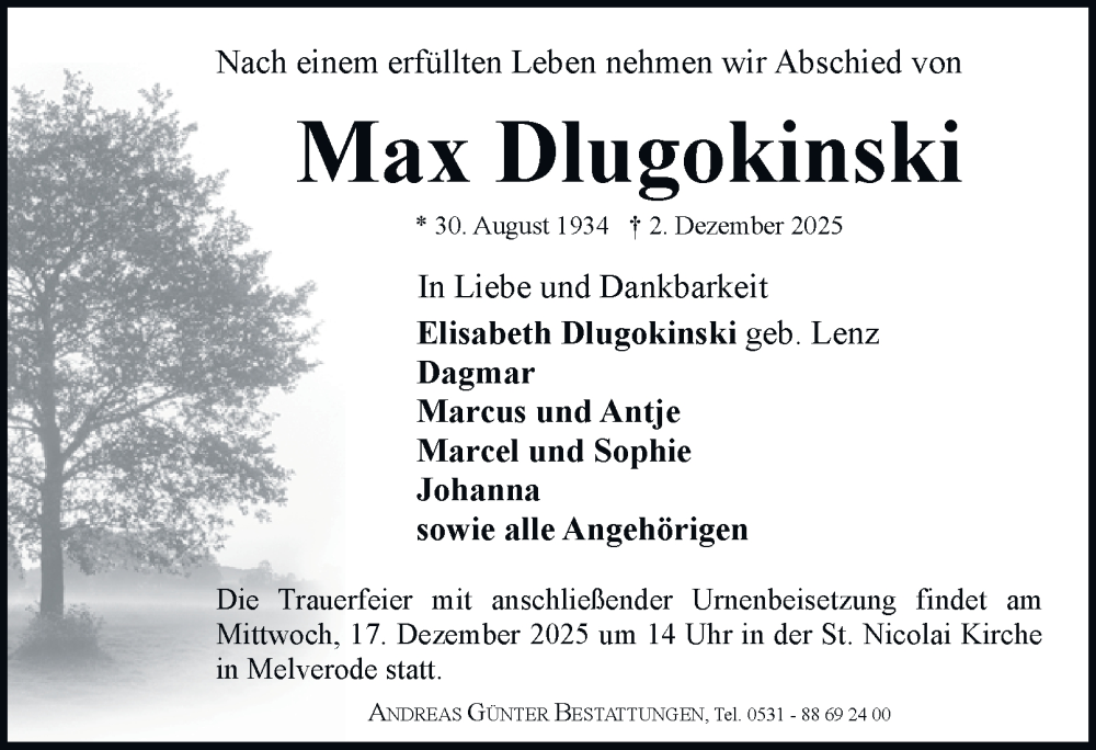  Traueranzeige für Max Dlugokinski vom 06.12.2025 aus Braunschweiger Zeitung