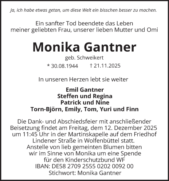 Traueranzeige von Monika Gantner von Braunschweiger Zeitung