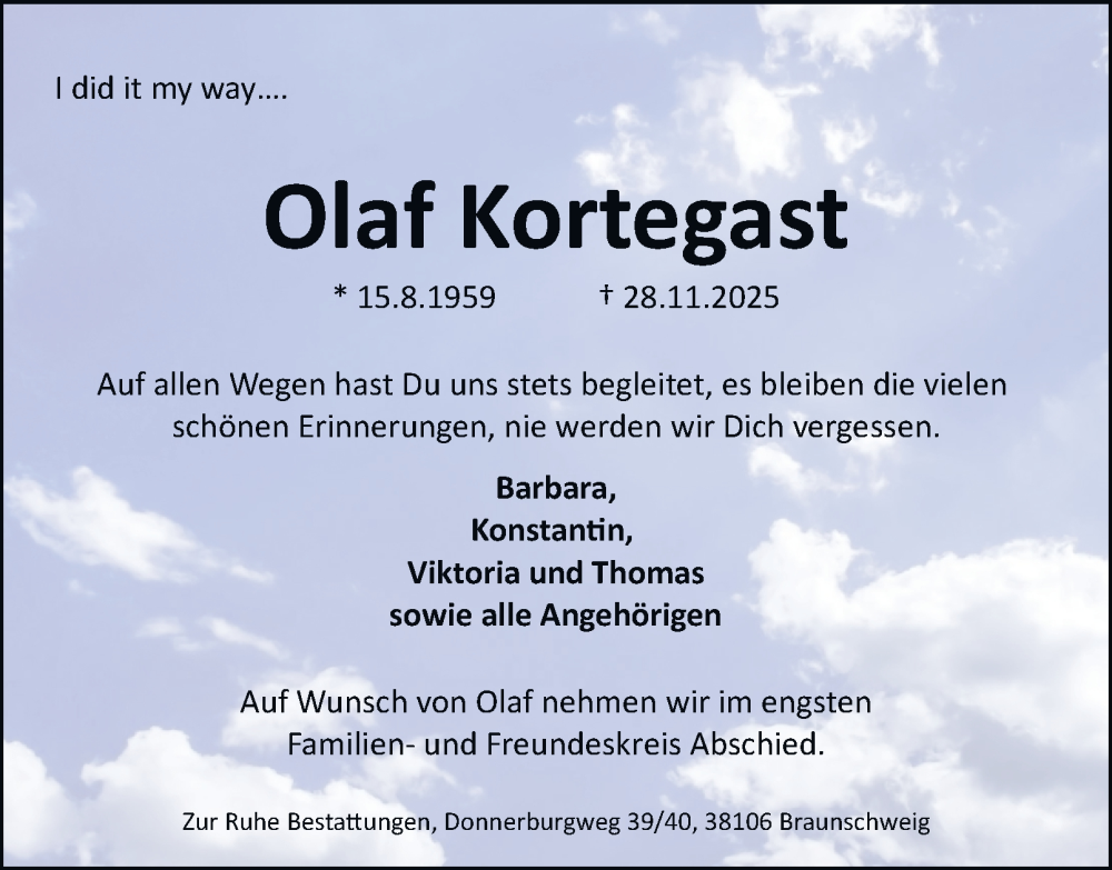  Traueranzeige für Olaf Kortegast vom 06.12.2025 aus Braunschweiger Zeitung