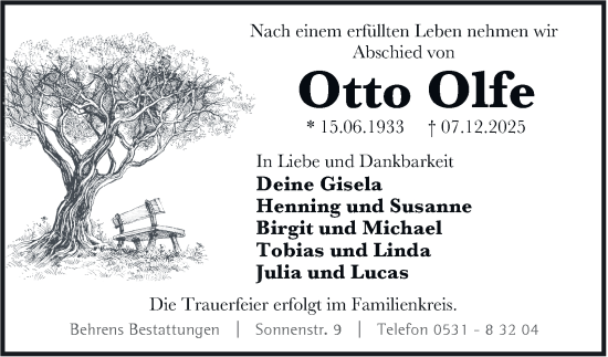 Traueranzeige von Otto Olfe von Braunschweiger Zeitung
