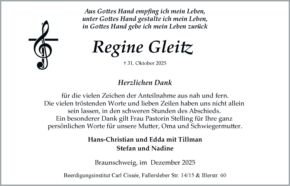  Traueranzeige für Regine Gleiß vom 20.12.2025 aus Braunschweiger Zeitung
