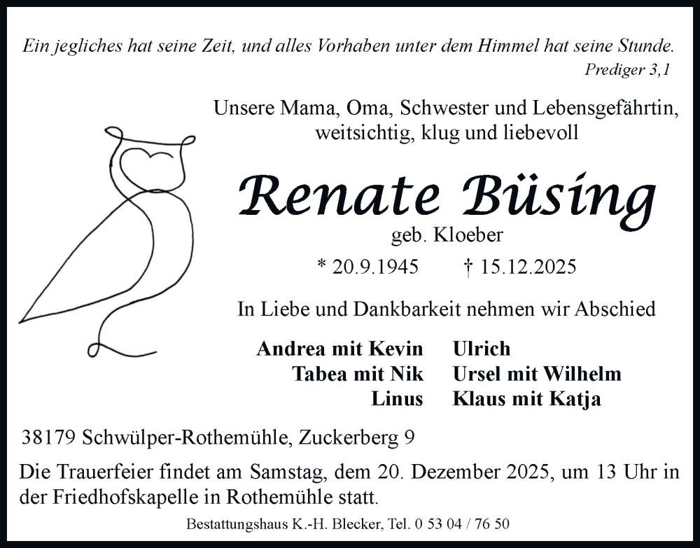  Traueranzeige für Renate Büsing vom 19.12.2025 aus Braunschweiger Zeitung