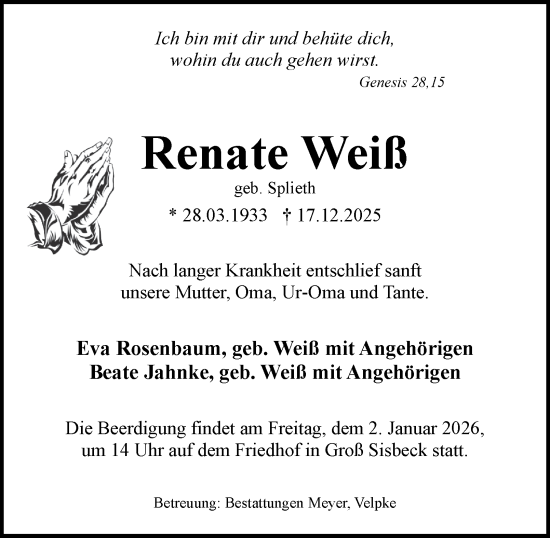 Traueranzeige von Renate Weiß von Helmstedter Nachrichten