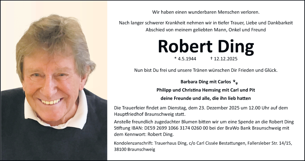  Traueranzeige für Robert Ding vom 20.12.2025 aus Braunschweiger Zeitung