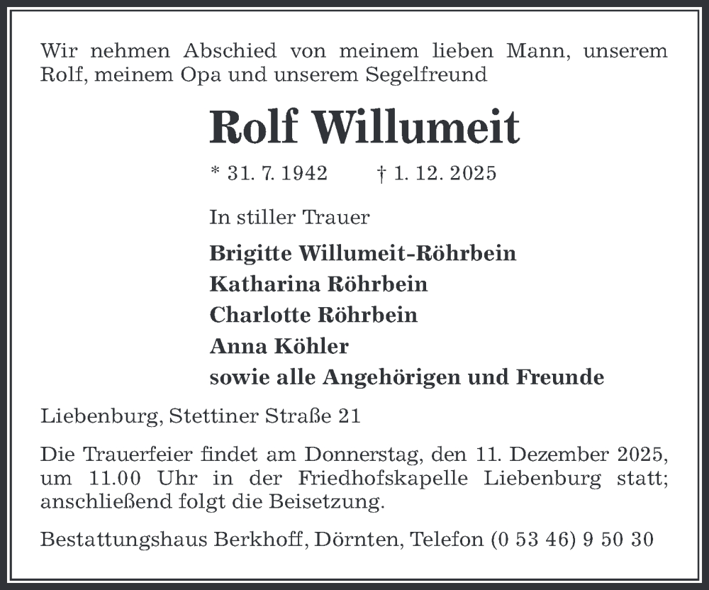  Traueranzeige für Rolf Willumeit vom 06.12.2025 aus Braunschweiger Zeitung