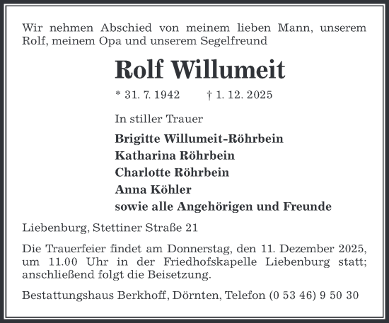 Traueranzeige von Rolf Willumeit von Braunschweiger Zeitung