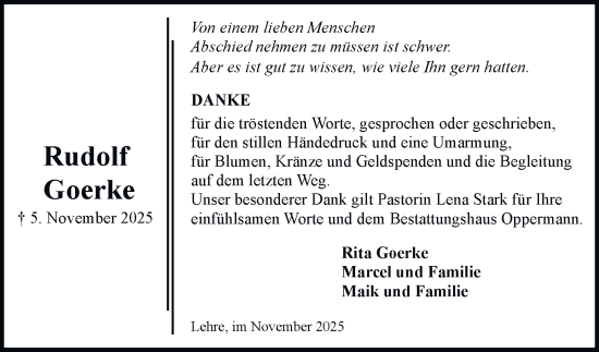 Traueranzeige von Rudolf Goerke von Braunschweiger Zeitung