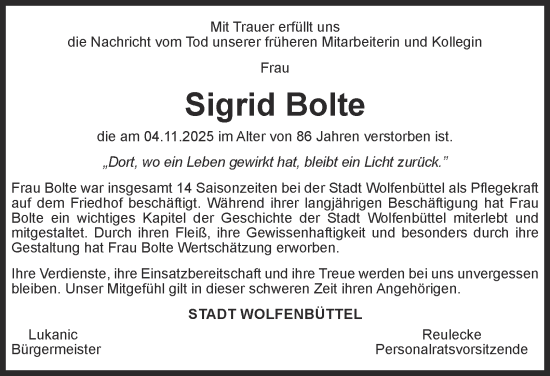 Traueranzeige von Sigrid Bolte von Wolfenbütteler Zeitung