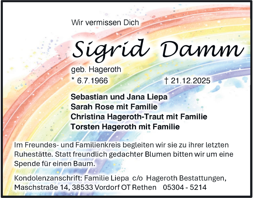  Traueranzeige für Sigrid Damm vom 27.12.2025 aus Braunschweiger Zeitung