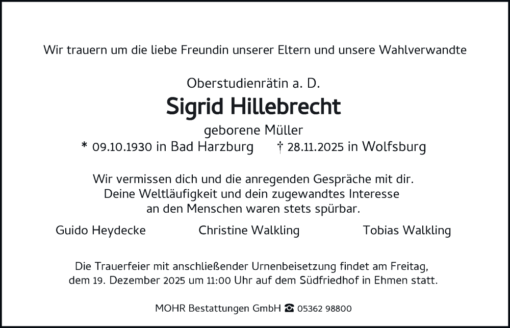 Traueranzeige für Sigrid Hillebrecht vom 17.12.2025 aus Braunschweiger Zeitung, Wolfsburger Nachrichten